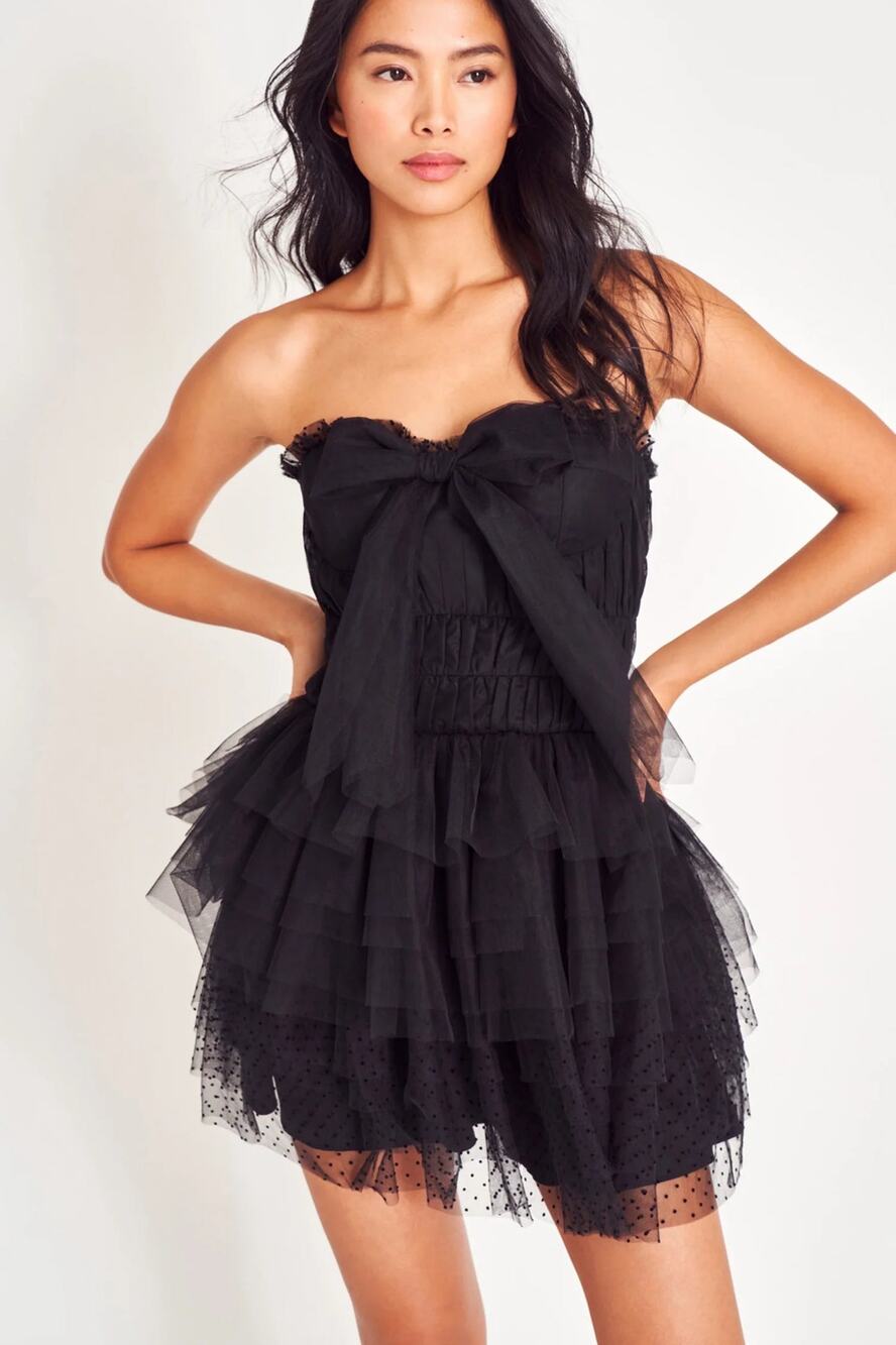 LoveShackFancy Faron Black Mini Dress 14 Tiered Bow Tulle Ballerina